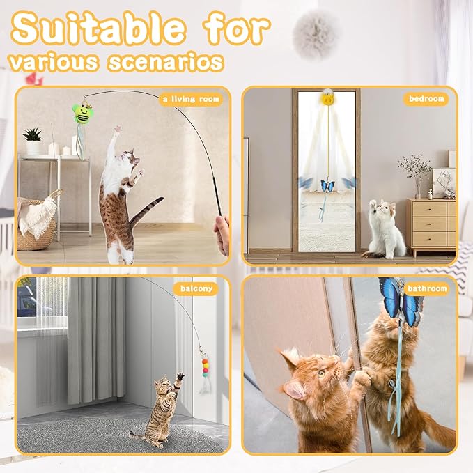 Cat Toys 6Pcs with Interactive Wand & Hanging Door Toys – Interactive Cat Feather Toy for Indoor Cats, Bored Cats – Includes Bells, Replaceable Heads, Adjustable Elastic Rope
