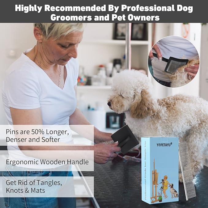 Dog Slicker Brush for Shedding and Grooming Medium or Long Haired Cats, Extra Long & Soft Pin Slicker Brush for Removes Loose Hair, Tangles, Knots, Undercoat, Free Pet Comb, Large Black