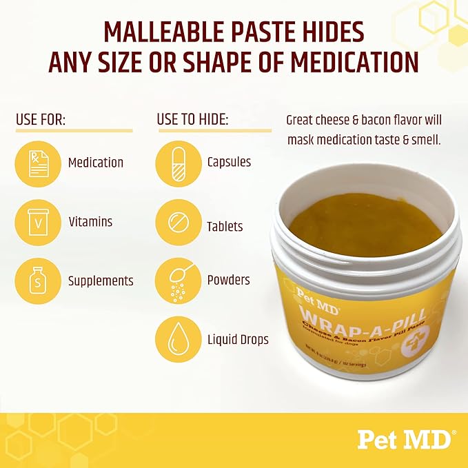 Pet MD Wrap A Pill Cheese & Bacon Flavor Pill Paste for Dogs - Make a Pocket or Pouch to Hide Pills & Medication - 8 oz