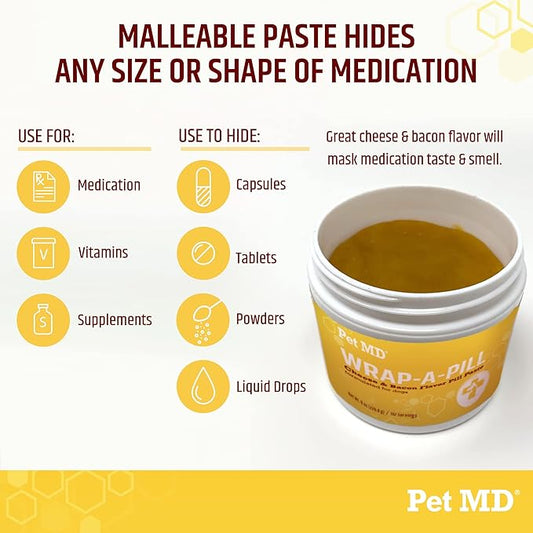Pet MD Wrap A Pill Cheese & Bacon Flavor Pill Paste for Dogs - Make a Pocket or Pouch to Hide Pills & Medication - 8 oz