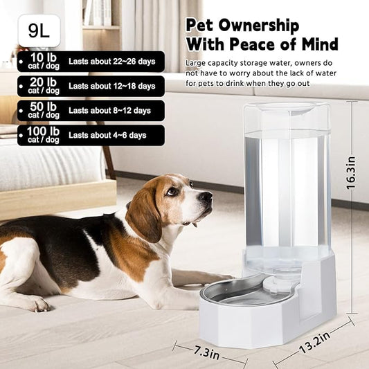 Sfozstra Large Dog Water Dispenser: 9L Automatic White Water Feeder with Stainless Steel Bowl - with Filter - Gravity Design for Multiple Pets Indoor/Outdoor