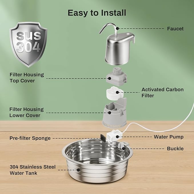 Cat Water Fountain, 4L/135OZ Stainless Steel Pet Fountain with 3 Filters & 3 Sponges Dog Water Dispenser, Dog Water Bowl Cat Drinking Fountains Watering Supplies with Ultra-Quiet Pump for Pets Indoor