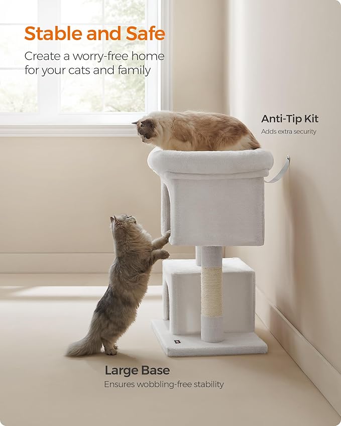 Feandrea Cat Tree, 33.1-Inch Cat Tower, L, Cat Condo for Large Cats up to 16 lb, Large Cat Perch, 2 Cat Caves, Scratching Post, Cream White UPCT061T01