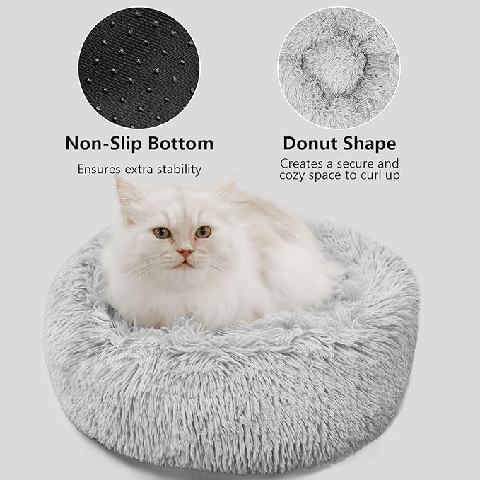 Dog Beds for Small Dogs Round Cat Beds for Indoor Cats Pet Bed for Puppy and Kitten with Slip-Resistant Bottom Plush Donut Cat Bed, Light Grey