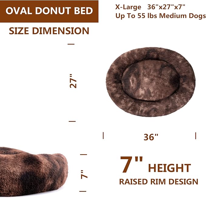 Oval Calming Donut Cuddler Dog Bed,Shag Faux Fur Cat Bed Washable Round Pillow Pet Bed(30"/36"/43") for Small Medium Dogs (XL(36"x27"x7"), Brown2021)