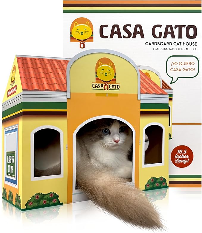 Capnip Cardboard Cat House with Scratcher for Indoor Cats – Mexican Fast Food Theme with Peek Holes, Casa Gato Design