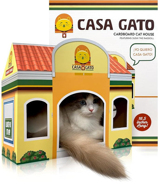 Capnip Cardboard Cat House with Scratcher for Indoor Cats – Mexican Fast Food Theme with Peek Holes, Casa Gato Design