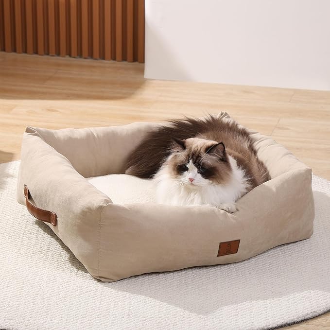 20In Dog Bed for Small Medium Sized Dogs and Cats - Washable Rectangle Puppy Bed for Indoor Outdoor, Cozy Pet Bed with Support Pillow & Non-Slip Bottom(Beige, Small)