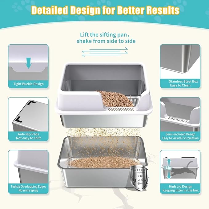 XL Stainless Steel Sifting Cat Litter Box with 6'' Sifting Box & 8'' Bottom Pan, Sifting Cat Litter Pan High Side, No Mess, Nnti-Odor, Easy to Clean, Metal Cat Litter Box with Metal Scooper & Liners