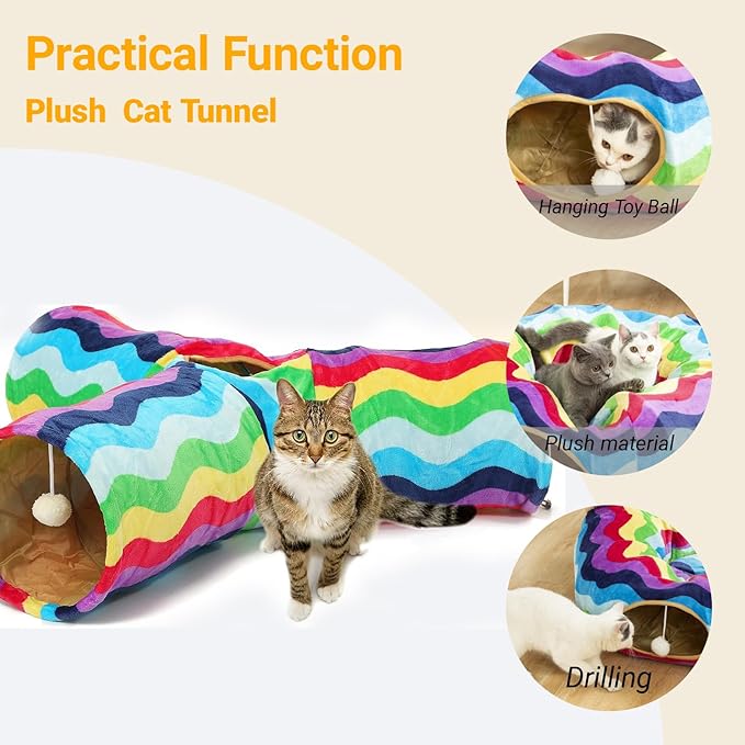 LUCKITTY Cat Tunnel - 3 Way-Shaped, Rainbow Wave Color, Soft Velvet Exterior, Oxford Fabric Fog-Proof Interior, Plush Toy Ball, Easily Washable, Conveniently Foldable