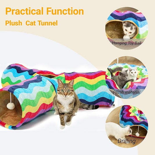 LUCKITTY Cat Tunnel - 3 Way-Shaped, Rainbow Wave Color, Soft Velvet Exterior, Oxford Fabric Fog-Proof Interior, Plush Toy Ball, Easily Washable, Conveniently Foldable