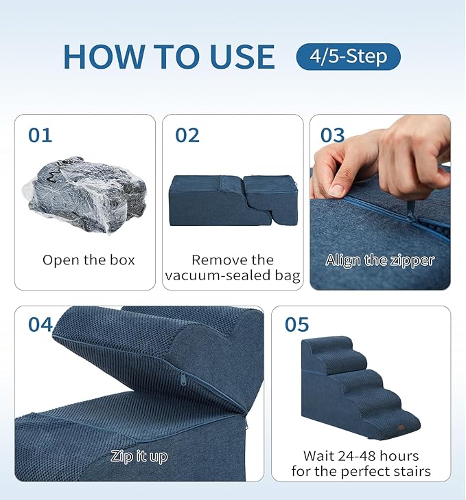 Made4Pets Dog Stairs Ramp for High Bed, 5-Step Pet Stairs for Bed Couch Sofa Climbing, 35D Foam Pet Steps for Small Dogs and Cats, Non-Slip Bottom Dog Steps, Navy
