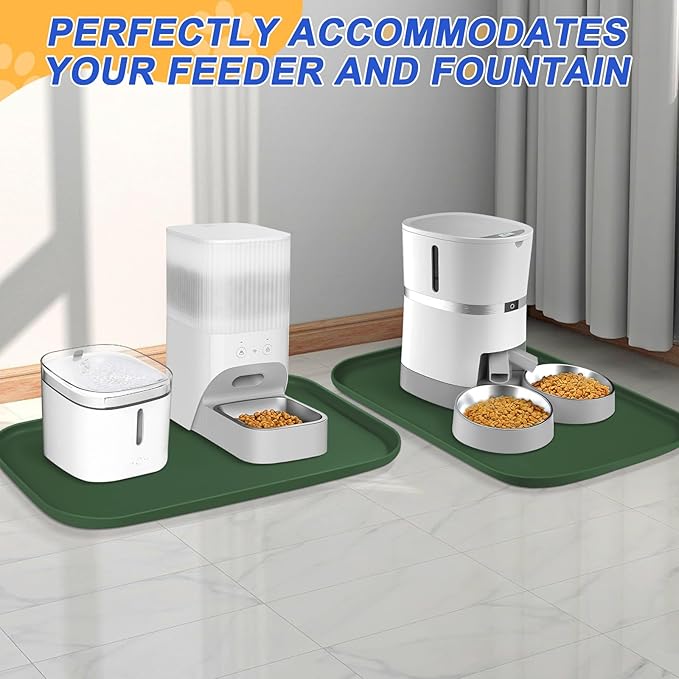 Silicone Pet Feeding Mat with Raised Edge for Food and Water, Dog Bowl Mats, Cat Bowls Placemat with High Lip for Floor Waterproof, Rubber Tray for Cats and Dogs 24 x 16 x0.8 Dark Olive