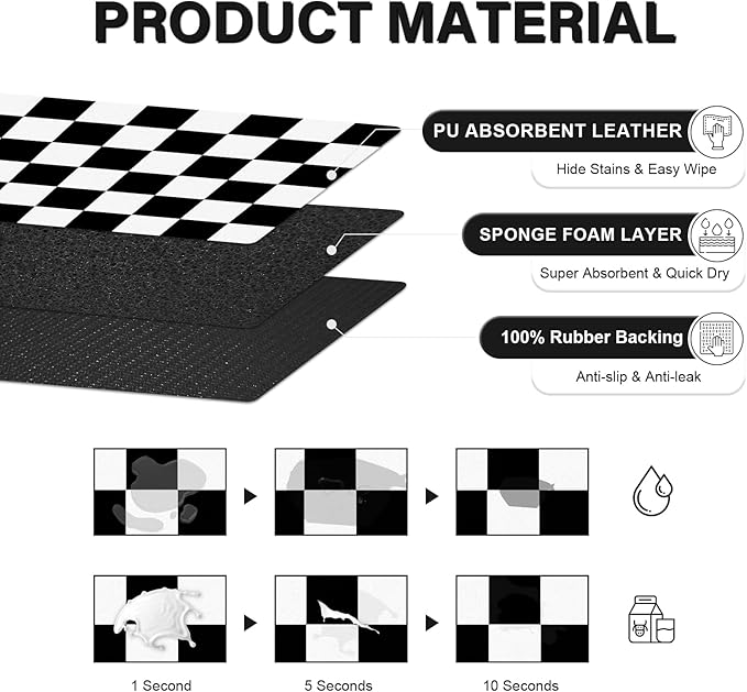 Pet Feeding Mat, 16"x 24" Absorbent Dog Food Mat, Checkered Cat Bowl Mats, Easy to Clean Pet Placemats, Quick Dry Dog Water Dispenser Mats for Messy Drinkers, Black & White