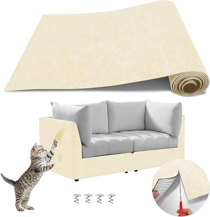 Cat Scratch Couch Furniture Protector, Adhesive Cat Scratch Pad Deterrent for Furniture, Cat Wall Climbing Carpet Scratcher Couch Protector from Cats Claws Scratching Indoor (OffWhite,39.3x15.8In)