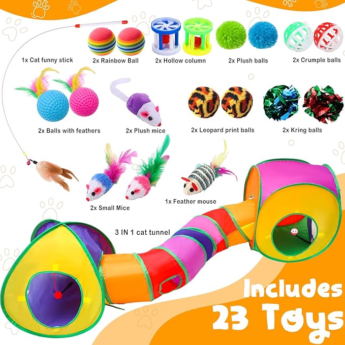 21 Pcs Cat Tunnels for Indoor Set, 3 In1 Collapsible Cat Tunnel Toy with Cube Tent Toys Combo and 20 Pcs Interactive Kitty Toys Feather Toy Fluffy Mouse Crinkle Balls for Kitten Puppy