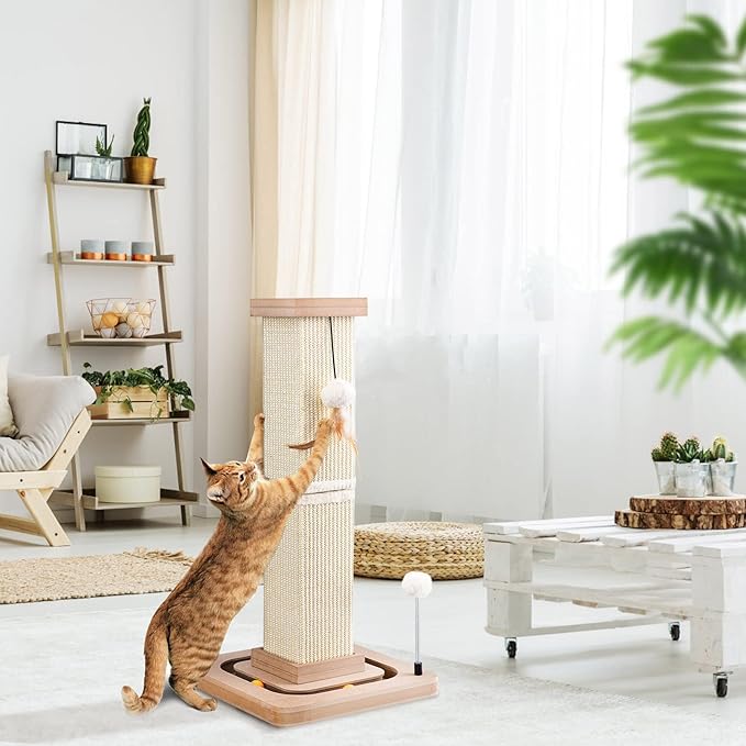 27" Cat Scratching Post, Sisal Cat Scratcher with Interactive Track Balls and Hanging Balls, Vertical Scratching Posts for Indoor Cats and Kittens