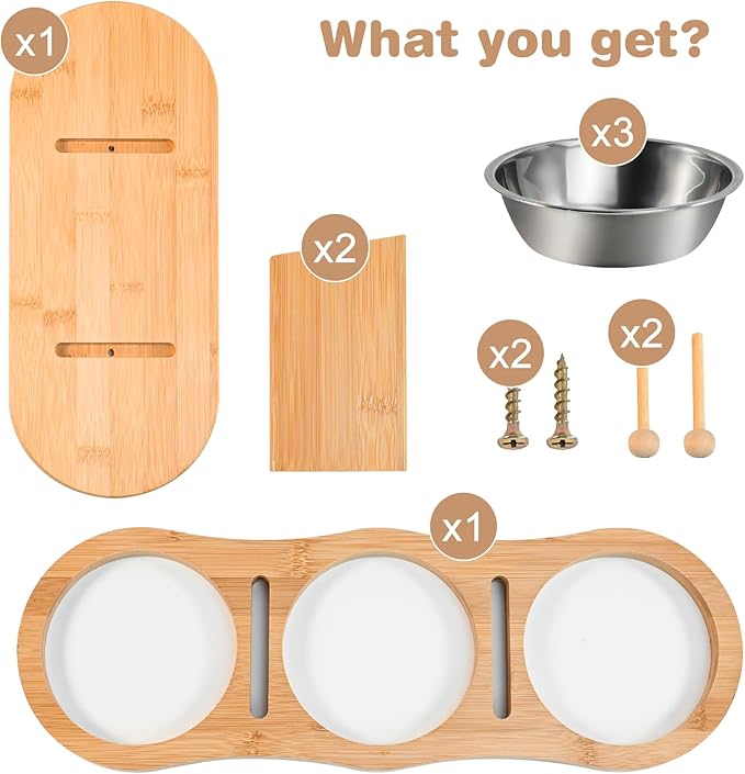 Elevated Cat Bowls - 3 Stainless Steel Cat Bowls with 15° Tilted Bamboo Stand for Indoor Cats, Small Dogs and Puppy