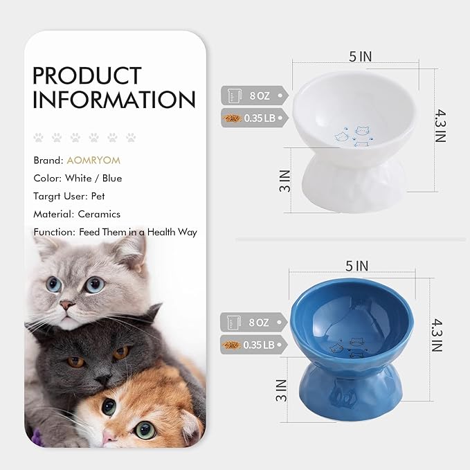 AOMRYOM Raised Cat Food Bowl, Ceramic Elevated Tilted Cat Bowls, Pet Bowl Dish Set for Cats and Small Dogs, Protect Cat's Spine, White & Blue, Set of 2, Dishwasher and Microwave Safe