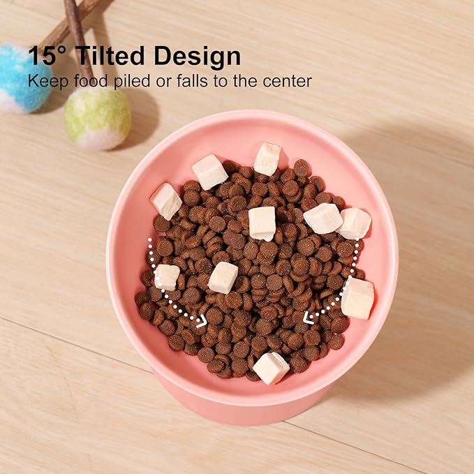 YauYik Small Raised Cat Bowls, Ceramic Tilted Elevated Food or Water Bowls, Stress Free, Backflow Prevention, Dishwasher & Microwave Safe, Lead & Cadmium Free, Pink
