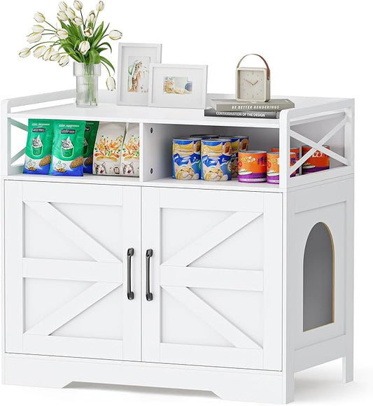 Cat Litter Box Enclosure Furniture - Hidden Litter Box Cabinet with Scratch Pad & Odor Control | Farmhouse Style End Table for Cats | Discreet Cat Washroom for Living Room & Bedroom White