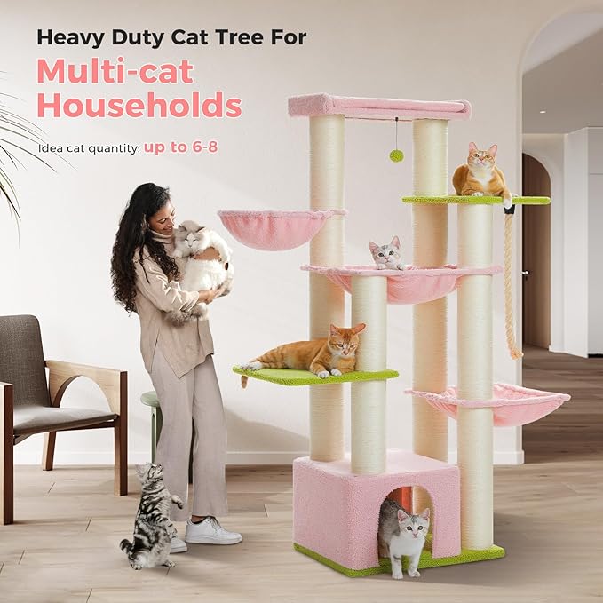 Pink Cat Tree for Large Cats 20 lbs, 67-Inch Tall Heavy Duty Cat Tower with 13 Thick Sisal Scratching Posts (φ4.3), Maine Coon Cat Tree for Indoor Cats, 2 Platforms, 3 Hammocks, Perch, Condo