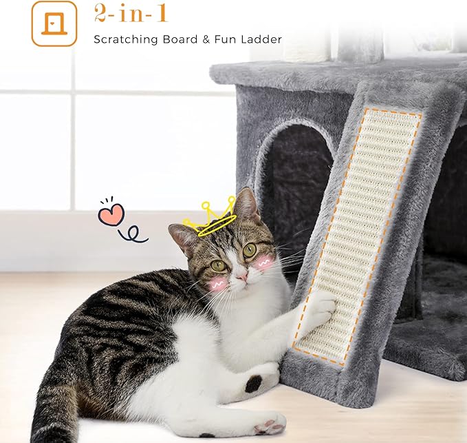 PAWZ Road 34 Inches Cat Tree Multilevel Cat Tower with Double Condos, Spacious Perch, Fully Wrapped Scratching Sisal Post and Replaceable Dangling Balls Gray