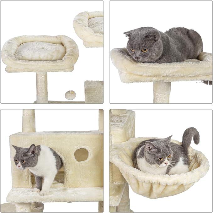 Hey-brother Cat Tree for Large Cats, Cat Tower with Scratching Posts, 2 Padded Plush Perches, Big Condo and Cozy Basket, Beige MPJ025M