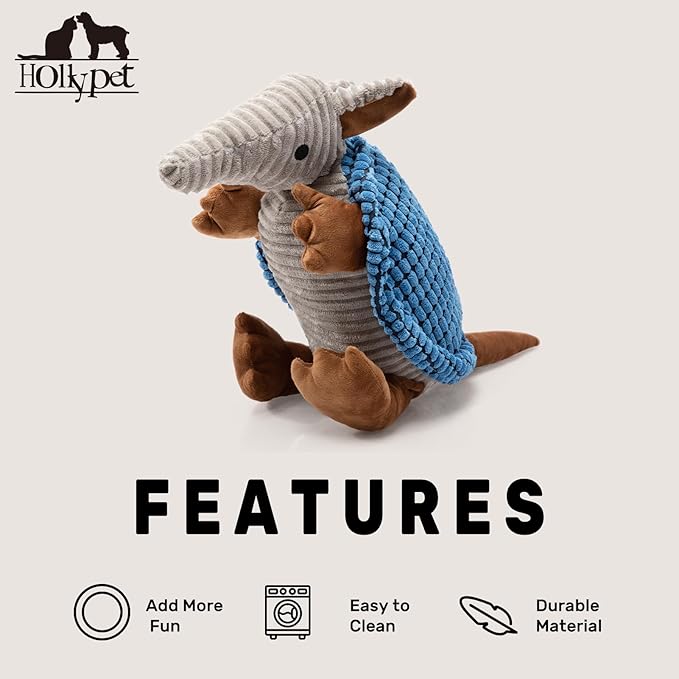 Hollypet Plush Dog Squeaky Toy Stuffed Armadillo Animal Pet Puppy Chew Toys with Clean Teeth for Small Medium Large All Breed Sizes Dogs, Blue, 14 in