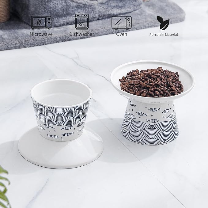 OMAYKEY Extra Wide Cat Bowls, 6.25 Inch Ceramic Raised Cat Bowl Set for Food & Water, Wide Shallow Pet Food Dish, Anti Vomiting, Stress Free, Whisker Fatigue, 2 Packs, Blue