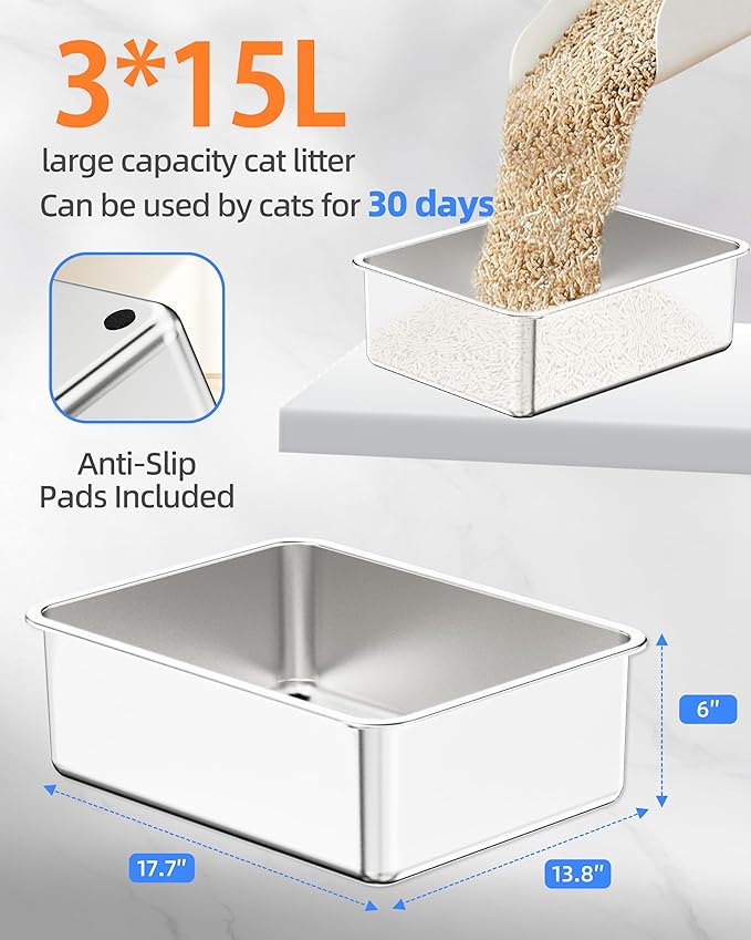 Stainless Steel Litter Box Set- [6-in-1] Cat Litter Box with Pedal, Mat, Litter Scoop, Brush, Cat Wands, Non-Sticky Metal Litter Box for Cat, Kitty, Rabbit, Odorless, Easy Clean(17.7"x13.8"x6",3 Pack)