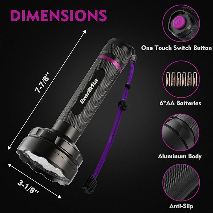 EverBrite UV Flashlight, 100 LED Blacklight Flashlights, 395nm Black Light Flashlight for Pet Urine Detection, Scorpions, Dry Stains, Bed Bug (Batteries Included)