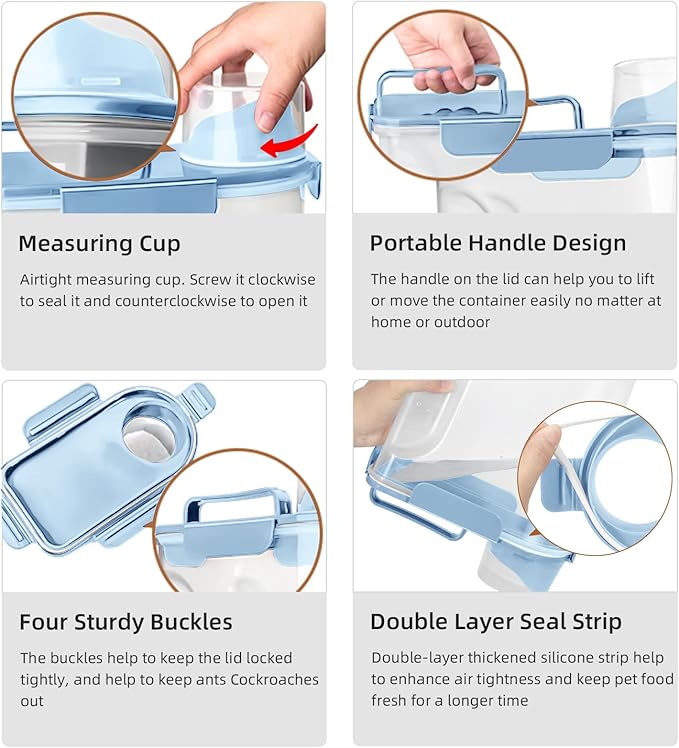 Dog Food Storage Container, Upgraded Large Nozzle BPA-free, 8-12 LBS Plastic Pet Food Storage Containers, With 4 Sealed Clasps, 1 Measuring Cup and Handle (1, Elegant Blue, 5L)