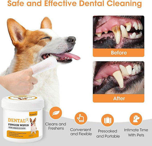 Finger Brushes for Dental Care of Pets, Teeth Cleaning Finger Wipes, Dog Dental Wipes, Reduce Plaque & Tartar, Freshen Breath, Safe & Natural Pet Dental Wipes for Dogs Teeth