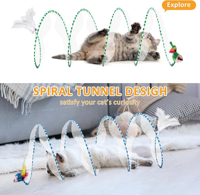 2-Piece Spiral Cat Tubes for Indoor Cats, Large Collapsible Tunnel with Feather Mouse Interactive Toy (Green + Blue & White)