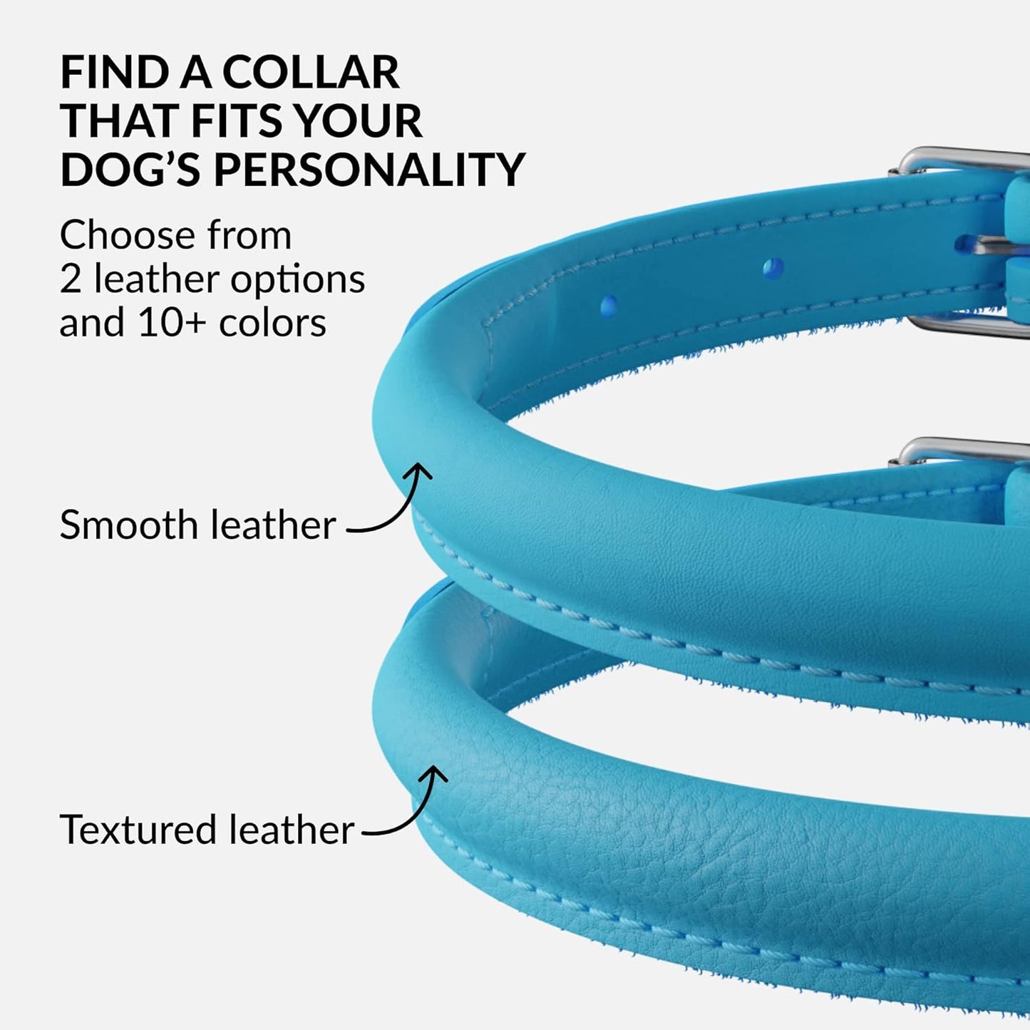 CollarDirect Rolled Leather Dog Collar, Soft Padded Round Puppy Collar, Handmade Genuine Leather Collar Dog Small Large Cat Collars 13 Colors (15-19 Inch, Light Blue)