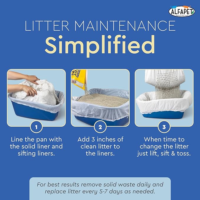 Alfapet Sifting Cat Litter Box Liners - Jumbo 30 Count, Pack of 5 - Tear-Resistant Cat Litter Bags, Waterproof Kitty Litter Liners, Fits Litterbox Pan Sizes X-Large, X-Giant, 37" x 18" 30 lb Capacity