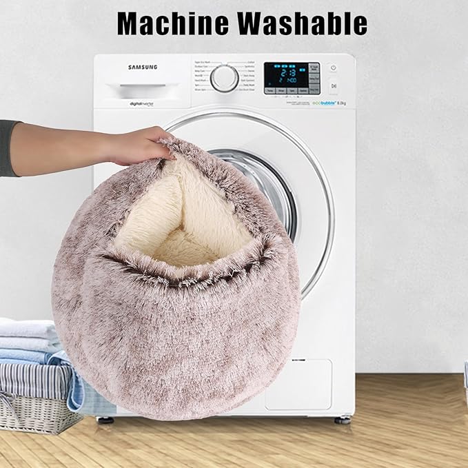 Coffee Round Hooded Cat & Dog Bed - Faux Fur Cuddler Cave, Self-Warming Donut Bed, Fits up to 22 lbs Pets (24x24 inch)