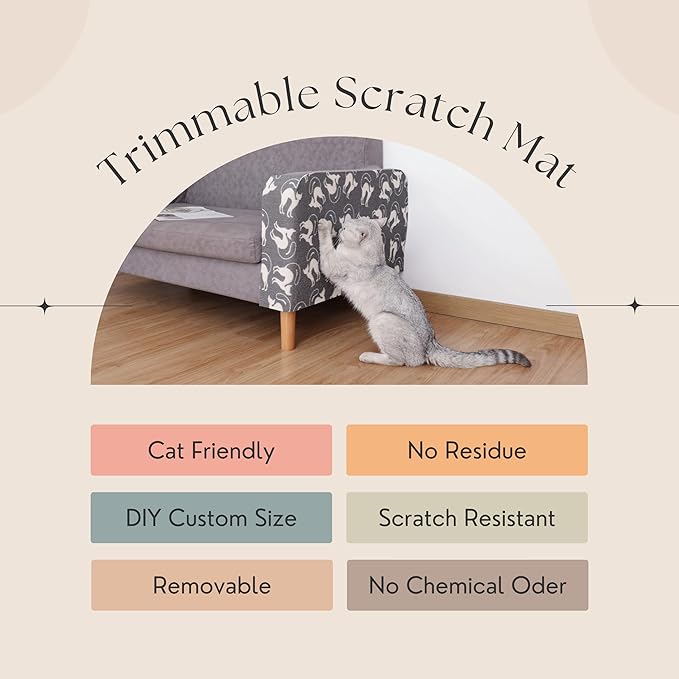 Set of Two 39.4’'x15.8’’ Trimmable DIY Upholstery Cat Anti-Scratch Mat - Asisumption Self-Adhesive Pads for Carpet, Cat Tree Shelves Replacement, Cat Climbing Walls and Couch Protector (Grey Cats)