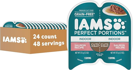 IAMS Perfect Portions Indoor Adult Wet Cat Food Cuts in Gravy, Salmon Recipe, 2.6 oz. Easy Peel Twin-Pack Trays (24 Count, 48 Servings)