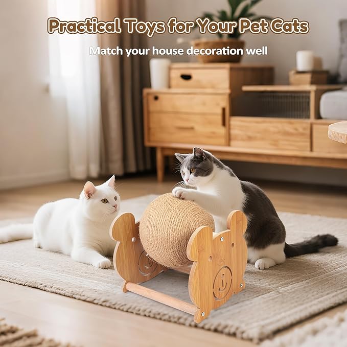 Outamateur Cat Scratching Ball Toy, Sisal Scratching Ball with Cute Stable Stand, Interactive Play and Exercise Toy for Kittens, Cats, Small Pets (Bear)