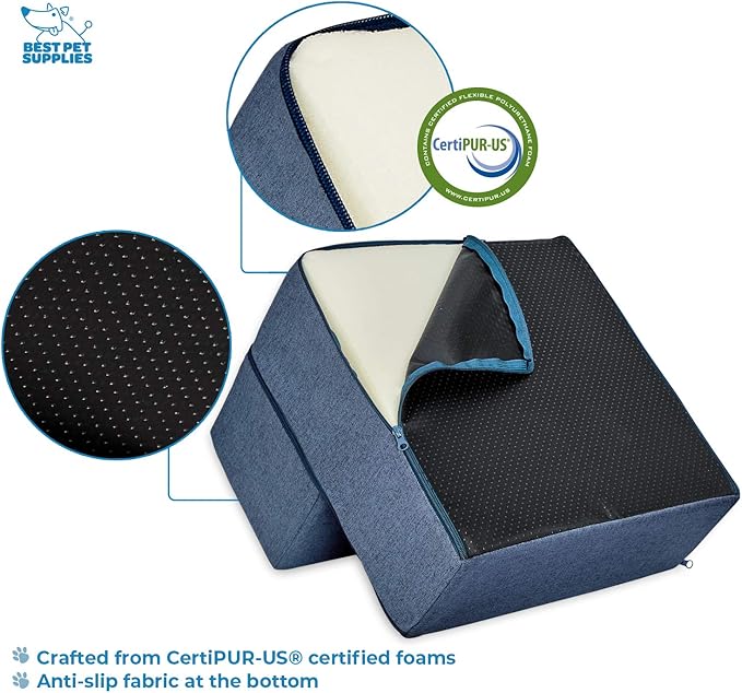 Best Pet Supplies Dog Stairs & Steps - Foam Steps for Small Dogs & Cats, Non-Slip Indoor Balanced Pet Step Support, Dog Ramp, No Assembly, Navy Blue, Foldable 2-Step (12-inch Height)