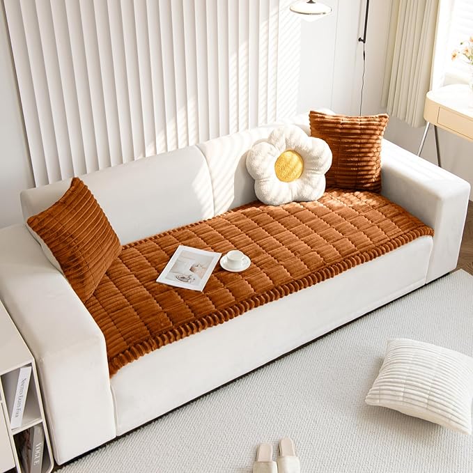 Faux Fur Plush Dog Couch Cover 3D Stripe Fuzzy Sofa Cover Non-Slip Fluffy Dog Bed Cover Pet Blanket Sofa Couch Furniture Protector for Puppy Large Dog Cat (Brown,28"x82")