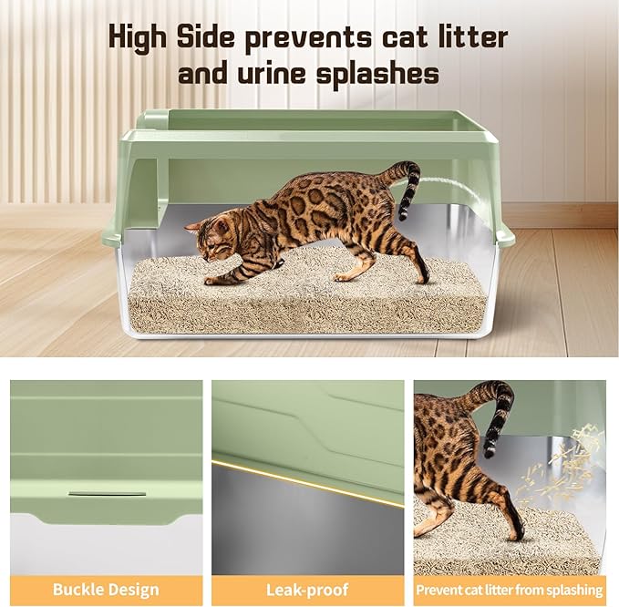 Stainless Steel Litter Box, XXXL 27.6" H x 19.7" W x 11.8" H Extra Large Metal High Sided Cat Litter Box with Scoop, Leak-Proof, Easy Clean for Big Cats/Multiple Cats (Green)