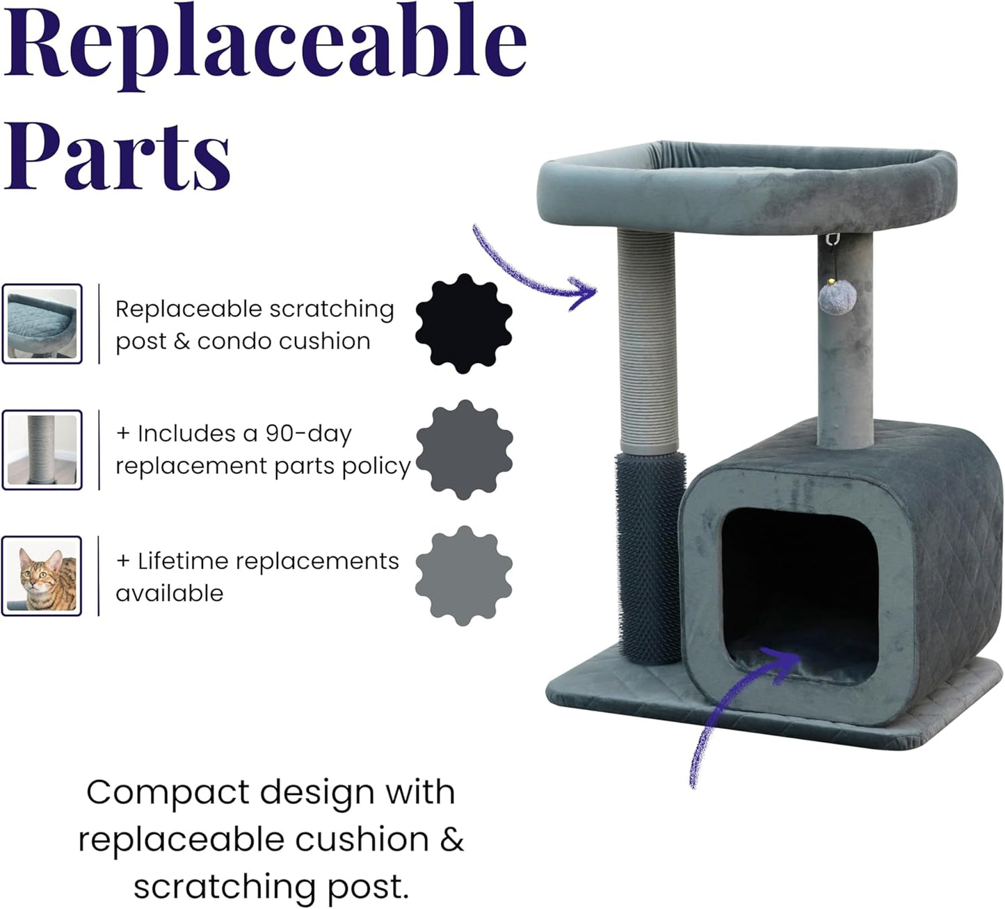 Catry 30" High 3 Level Modern Cat Tree with Large Base Condo,Removable Washable Top Bed, Recycled Paper Scratching Post, Self Grooming Brush, for Small Medium Cat(Dim Gray)