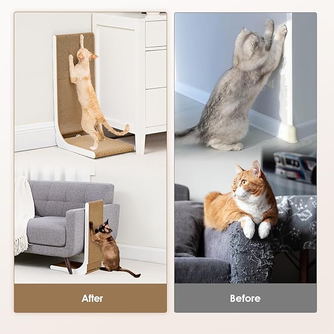 EHEYCIGA Cardboard Cat Scratcher for Indoor Cats, 32 Inch L Shaped Vertical Cat Scratching Board with Ball Cat Toy, Extra Large Cat Scratcher Pad, White