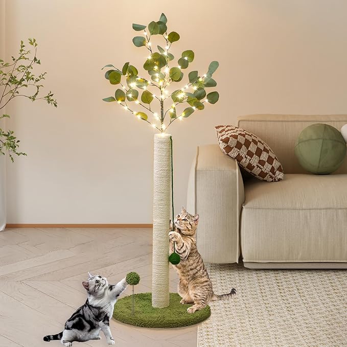 Cat Scratching Post with Lights & Hanging Ball Toys Tall Sisal Rope Scratcher Tree Climbing Scratch Tower for Indoor Cats Adult Kitten