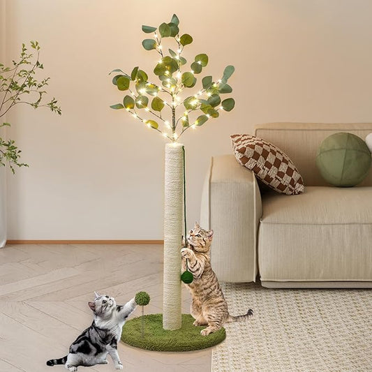 Cat Scratching Post with Lights & Hanging Ball Toys Tall Sisal Rope Scratcher Tree Climbing Scratch Tower for Indoor Cats Adult Kitten