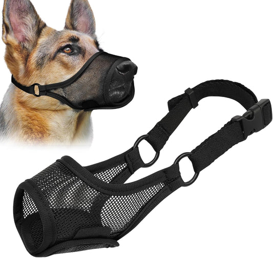 LUCKYPAW Dog Muzzle, Mesh Muzzle for Large Medium Small Dogs, Soft Mouth Guard for Biting Chewing, Breathable Mouth Cover with Adjustable Hook and Loop for Training, Grooming(Black, S)