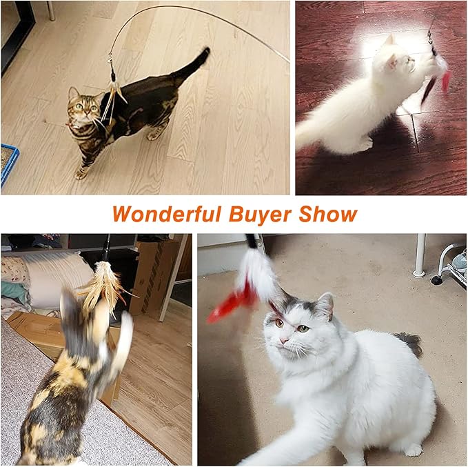 Pawaboo Feather Teaser Cat Toy - Interactive Wand with Extra Long 34.5" Wand and Small Bell, Fun Exerciser Playing Toy for Kittens or Cats, Brown Feather